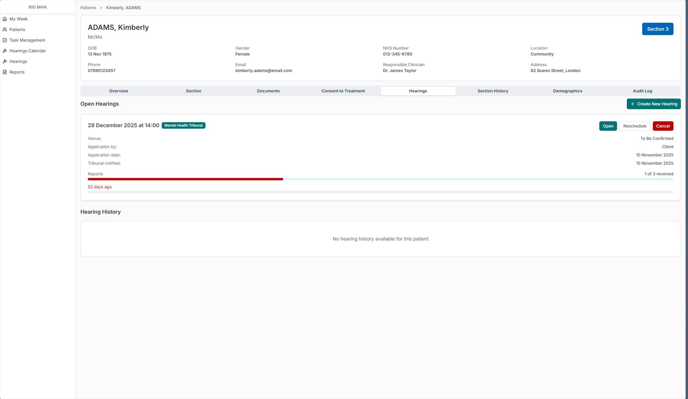 Patient Hearings tab showing open hearings with report progress