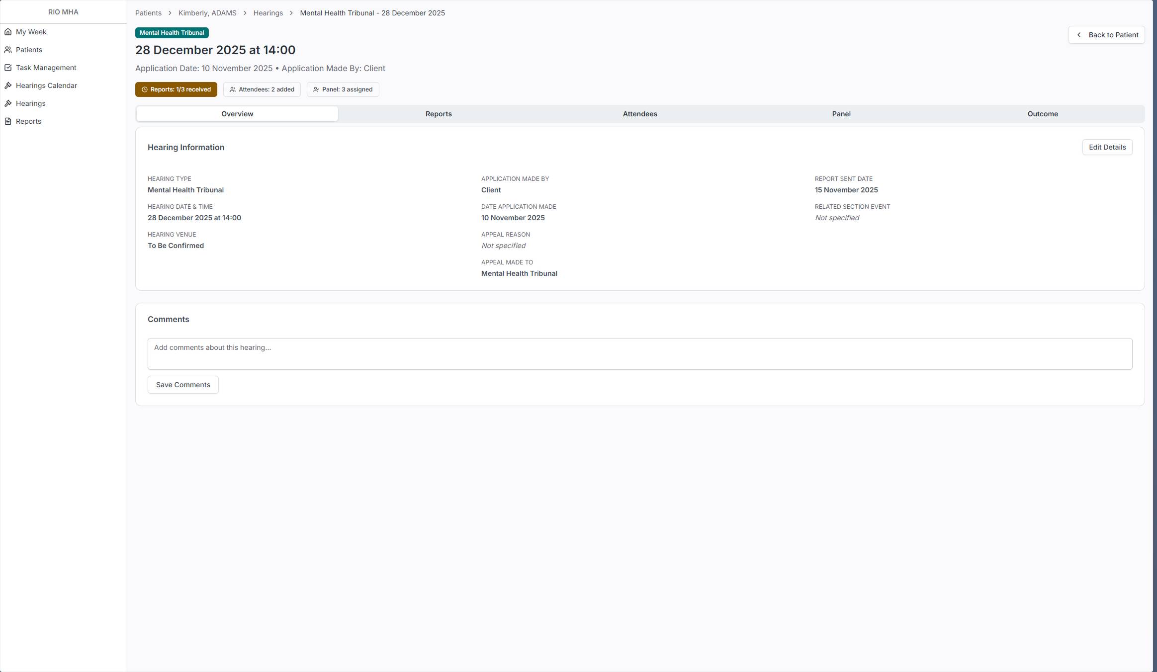 Hearing detail page showing overview with status badges