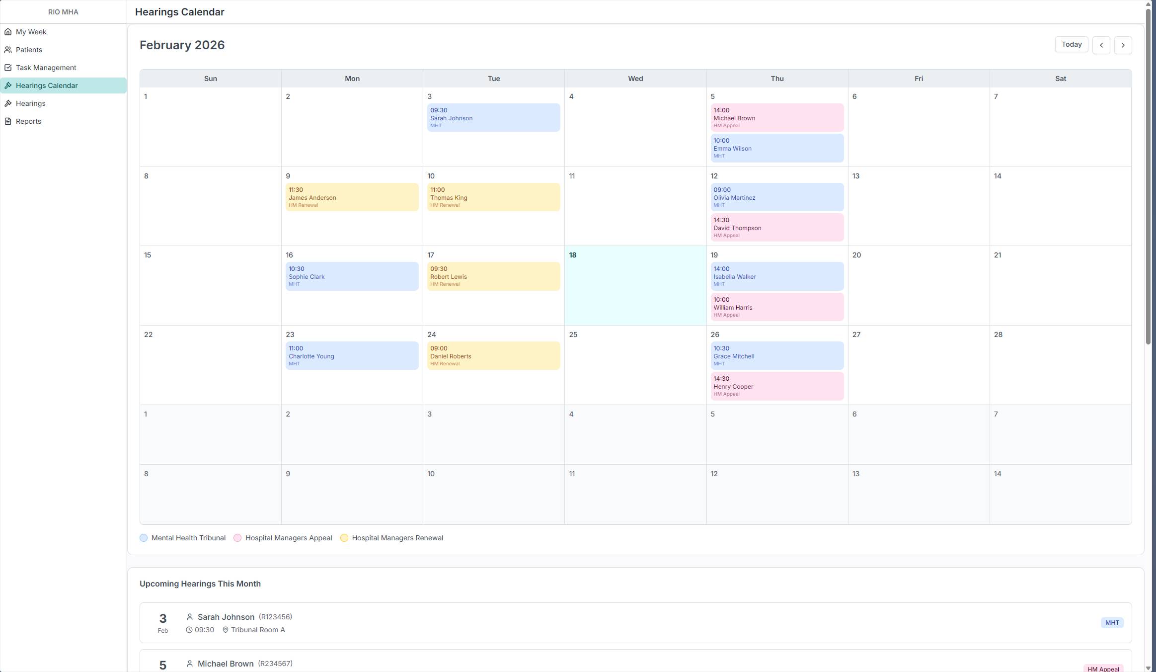 Hearings Calendar showing a monthly view with color-coded hearing types