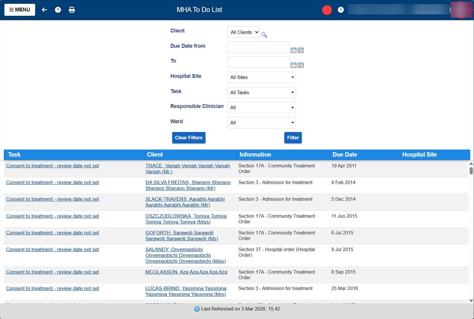 Old MHA To Do List with no filtering, sorting, or priority indicators