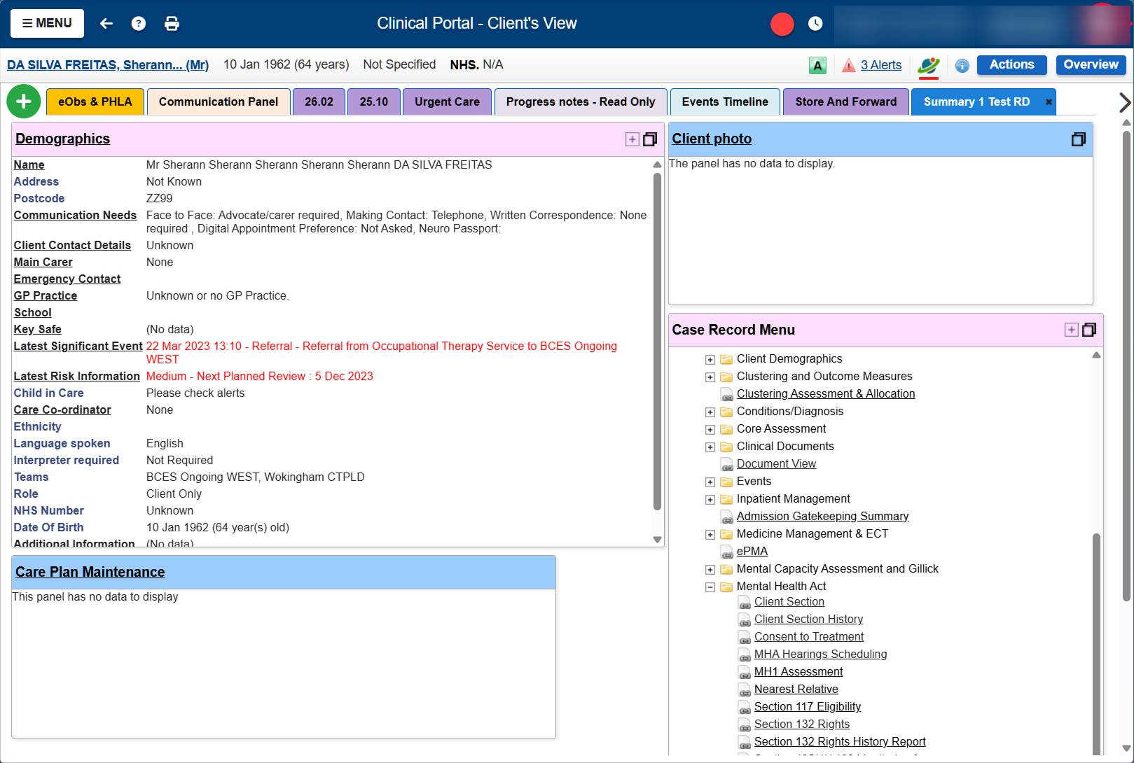 Old RIO Clinical Portal showing the folder tree navigation to reach MHA pages